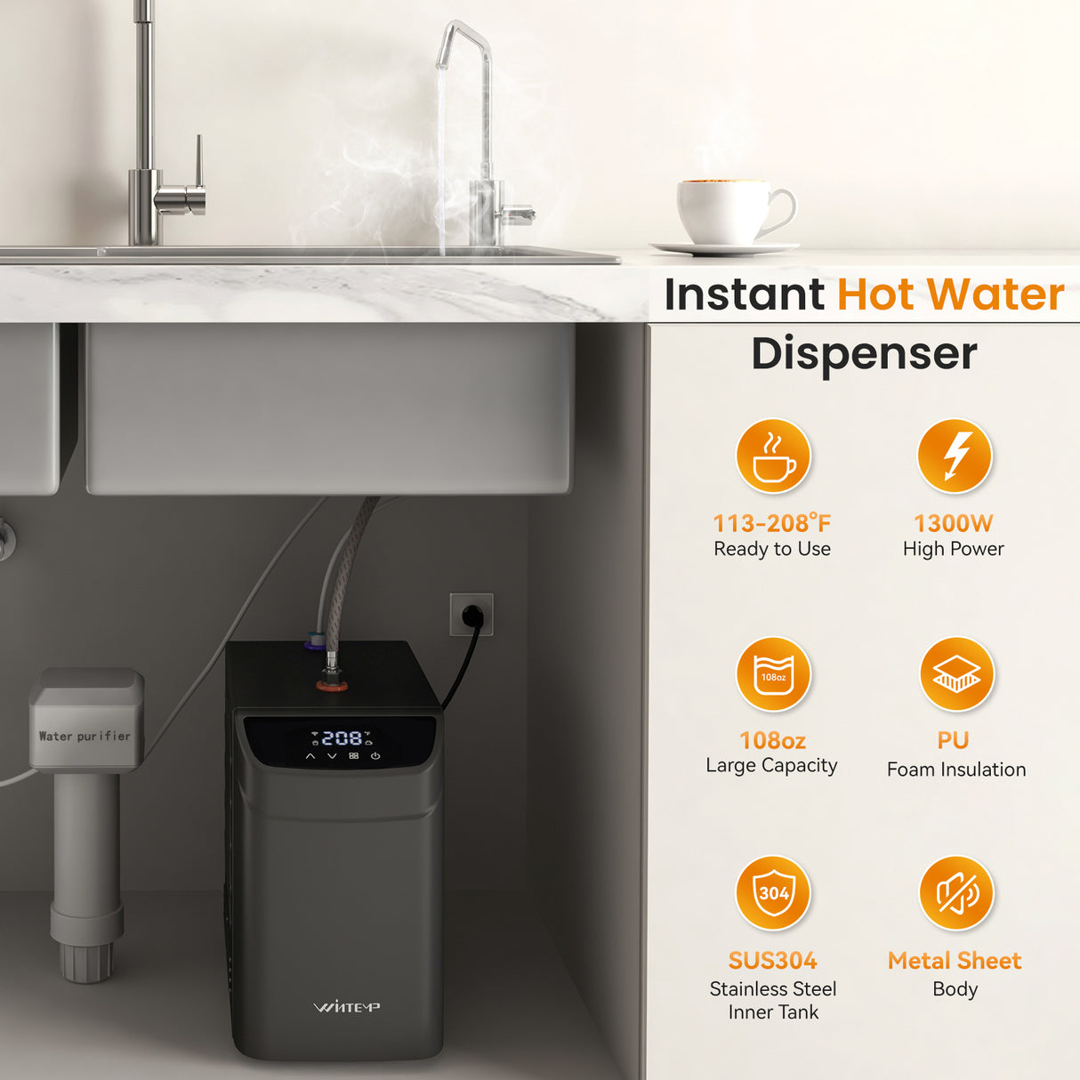 WINTEMP 208°F Instant Hot Water Dispenser – Compact Unit with Child Lock & Hot-Only Faucet