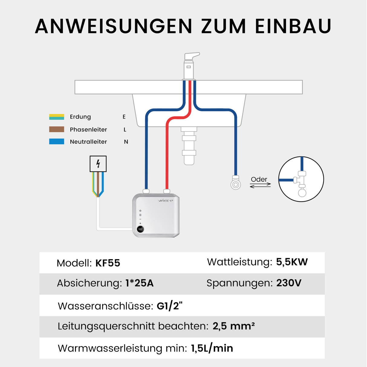 Chauffe-eau électrique instantané au point d'utilisation KFU65 blanc 240 V/6,5 kW