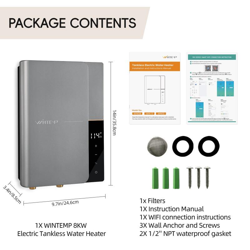 WN08 Gray 240V / 8KW Point of Use Tankless Electric Water Heater