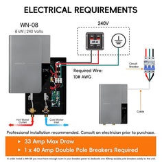 WN08 Gray 240V / 8KW Point of Use Tankless Electric Water Heater